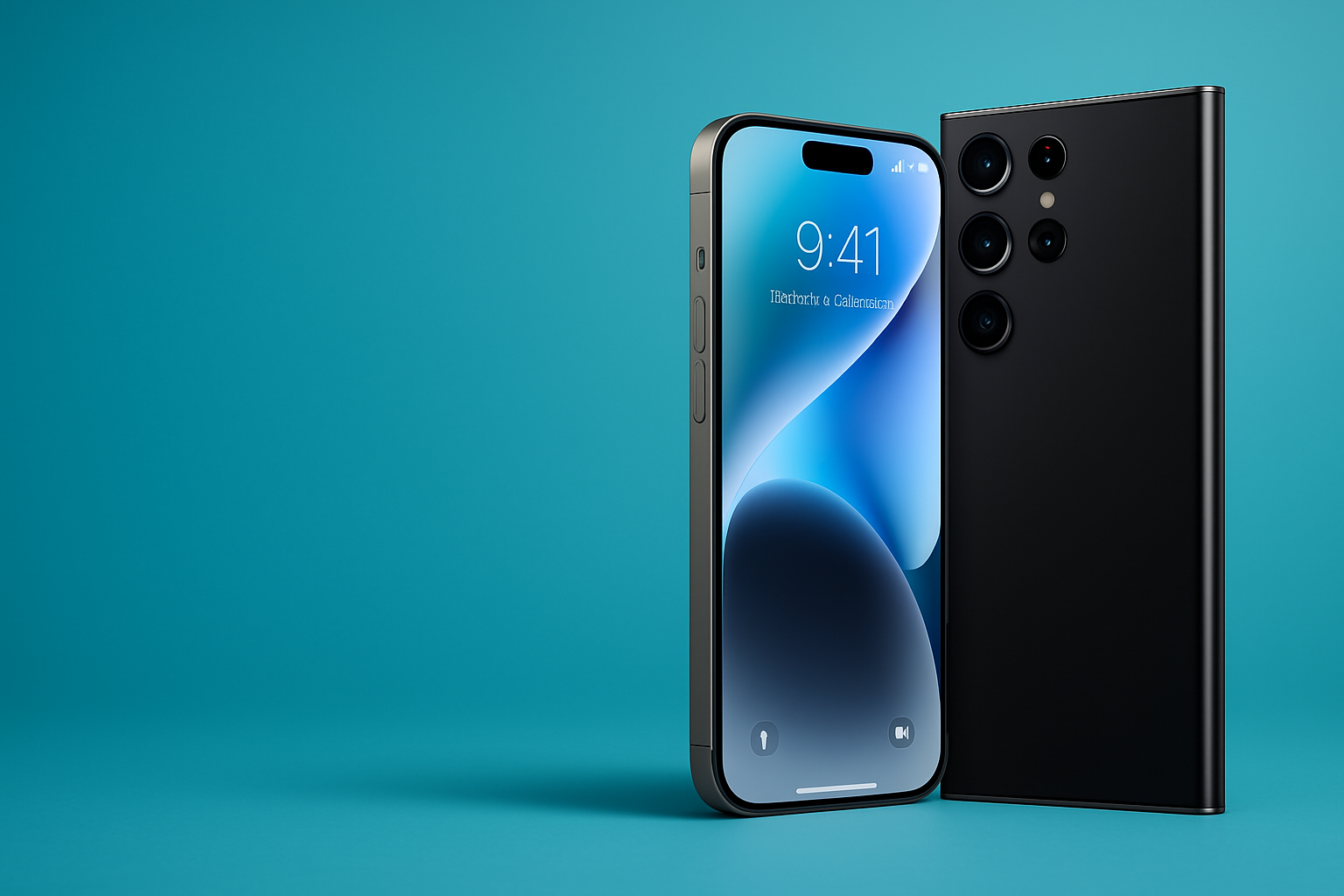 generate an image in which iphones and samsung ltest model display and use single colour background in which use some medium and eye catching colours and focus on produsts and leave some space empty on left side to slide text bar