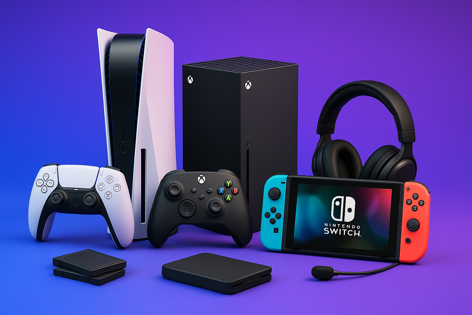 generate an image including ps5 xbox and nintendo devices in it with some attractive single colour background in thich gaming contorllers and some gaming images including in it for category thumnils and focus on products