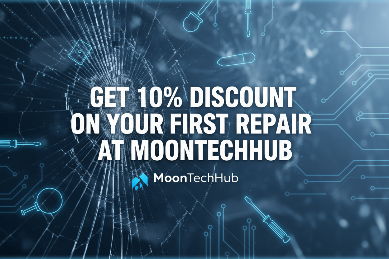 generate an image write on it get 10% discount on your first repair on moontechhub with some repair s photo of broken lcd in background