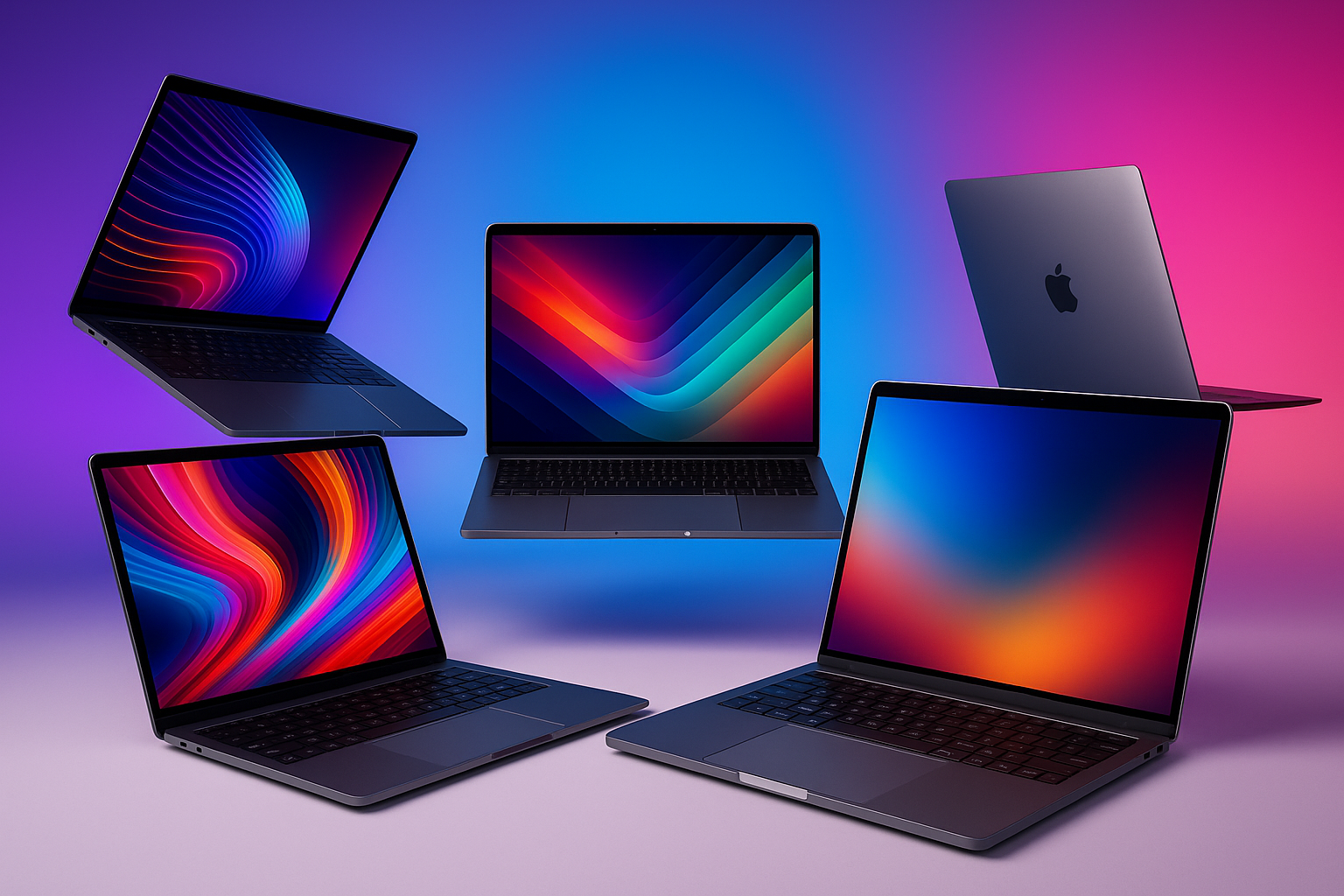 Use multiple laptop and mackbook and use some colors ful background 